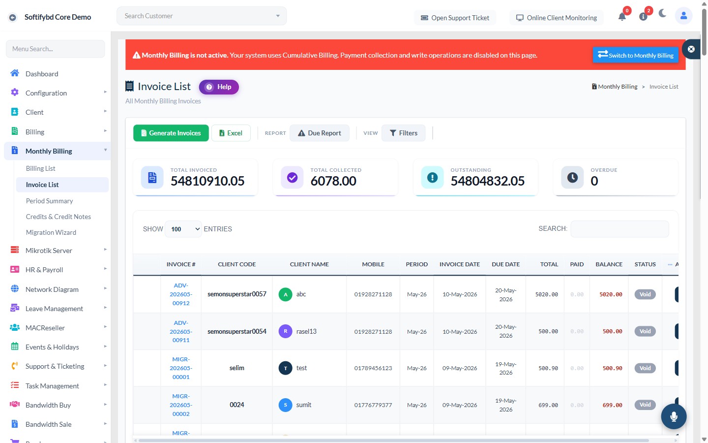 Generate a month's invoices — idempotently